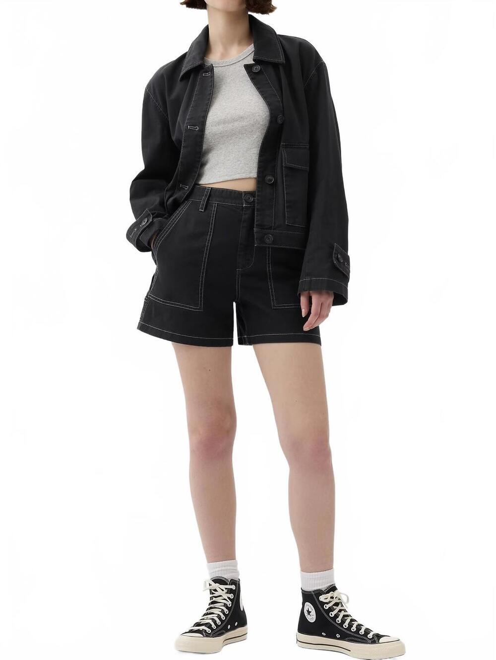 Gap Mid Rise Carpenter Shorts Denim Utility Workwear Canvas Black Size 00